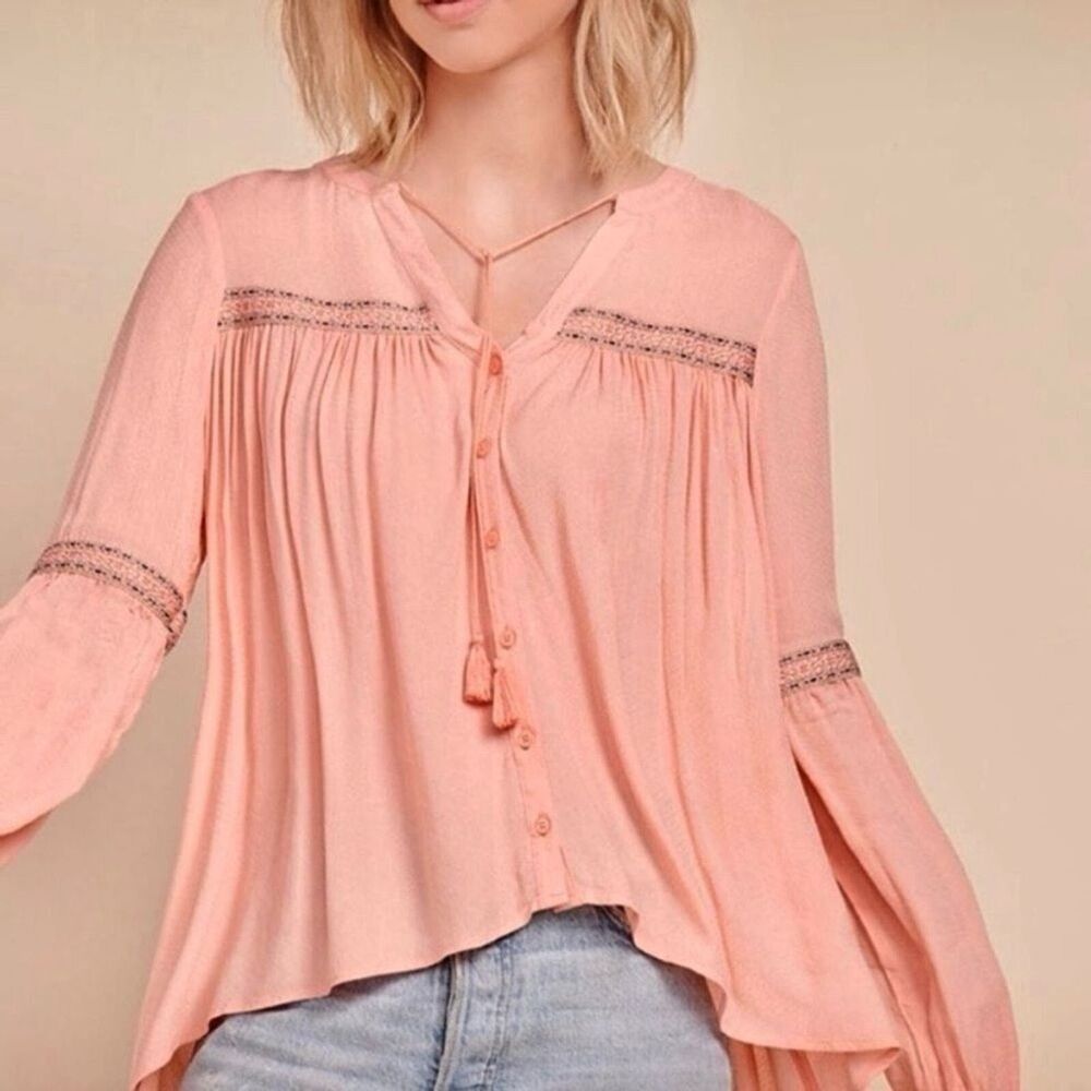 NWT Jack by BB Dakota Arya Embroidered Boho Blouse Small Coral Pink